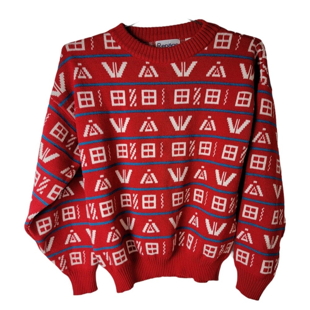 Vintage Sweater Grandpa Core L Red White‎ 80's Cosby Geometric Repage